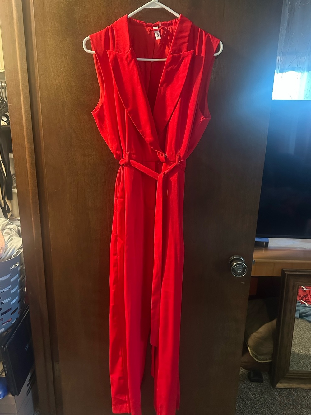 glam Red Sleeveless Belted Jumpsuit